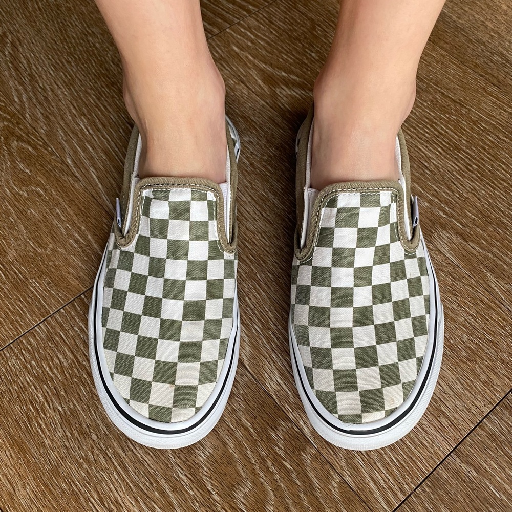 Vans Classic Slip On Checkerboard Sneaker - Olive - Size 6